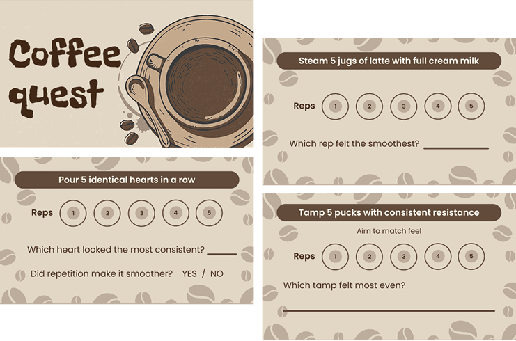 Coffee Quest cards with small repetition challenges, such as steaming 5 jugs of latte or pouring 5 identical hearts in a row, with a rep tracker