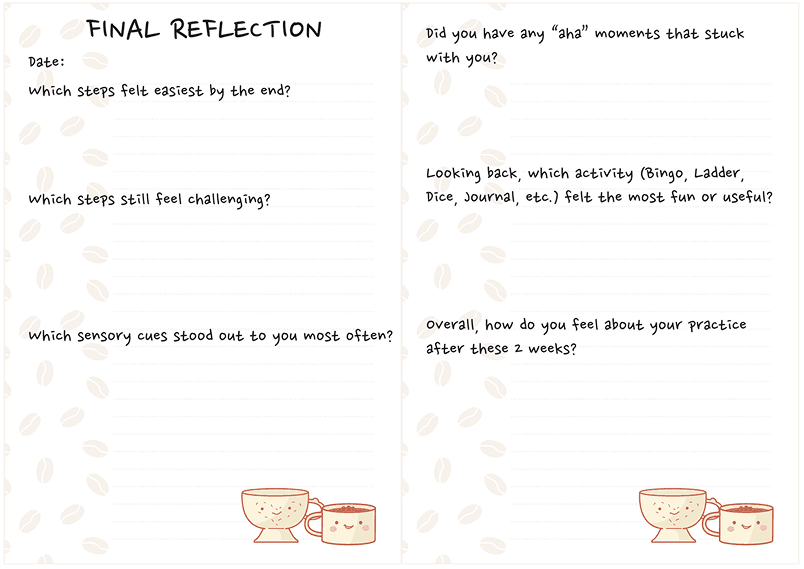 Final Reflection spread with prompts on which steps felt easiest or still challenging, which sensory cues stood out, aha moments, and overall feeling after two weeks