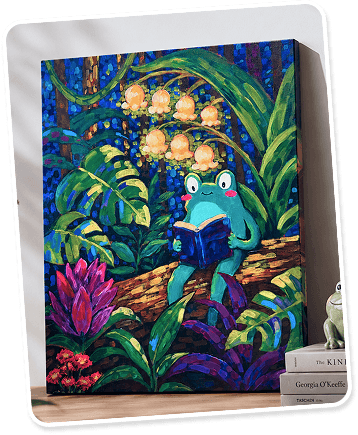 Acrylic painting of a frog reading a book beneath glowing lanterns and tropical leaves