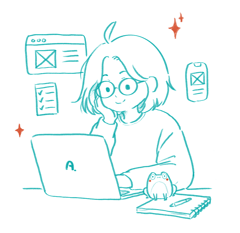 Line illustration of An Ny working at her laptop, surrounded by icons and a small frog