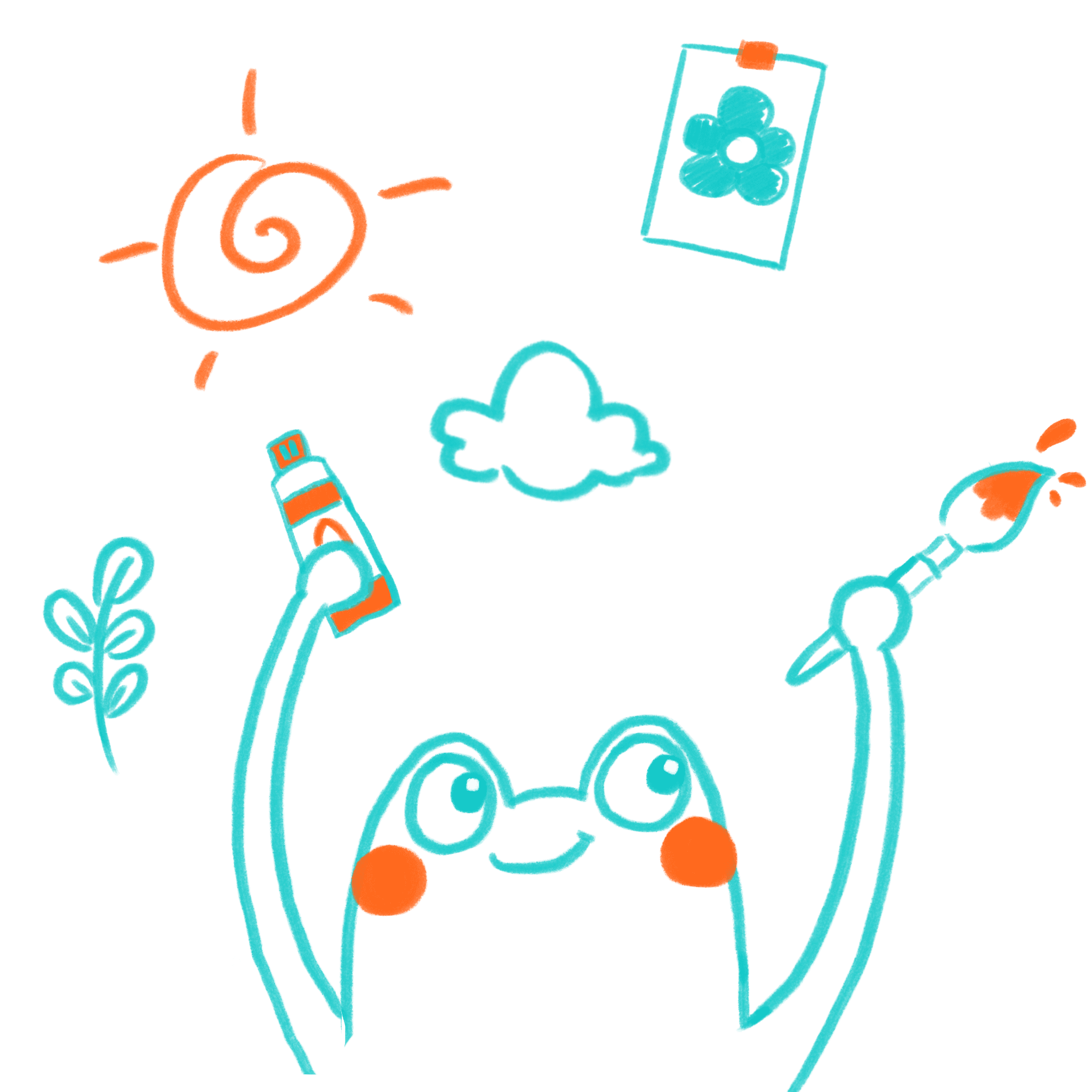 Line illustration of a sun, cloud, leaf, glue stick, paintbrush and a smiling face with glasses, representing creative hobbies outside of product design