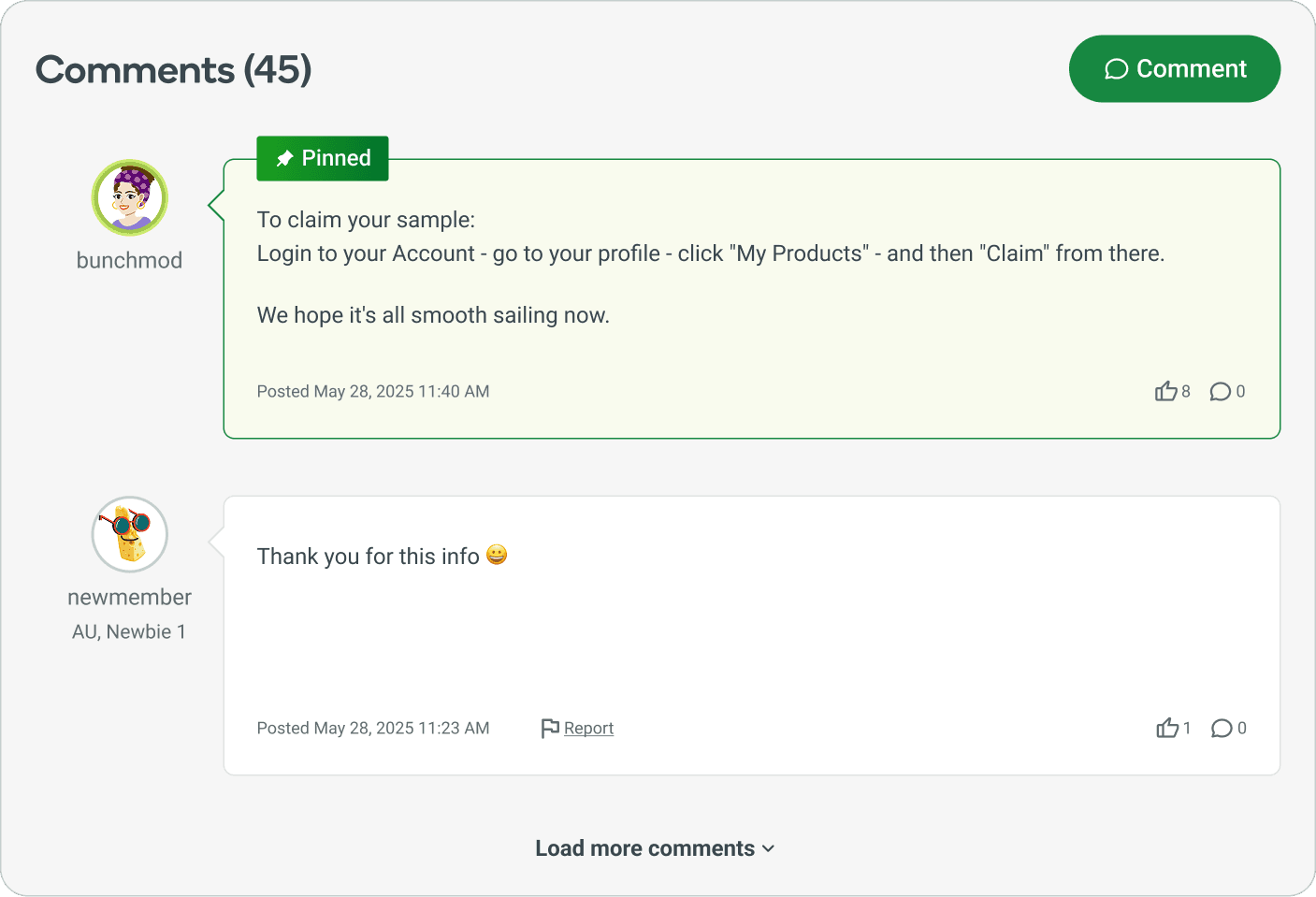 Comments panel with a pinned moderator comment explaining how to claim a sample, kept visible above regular member replies