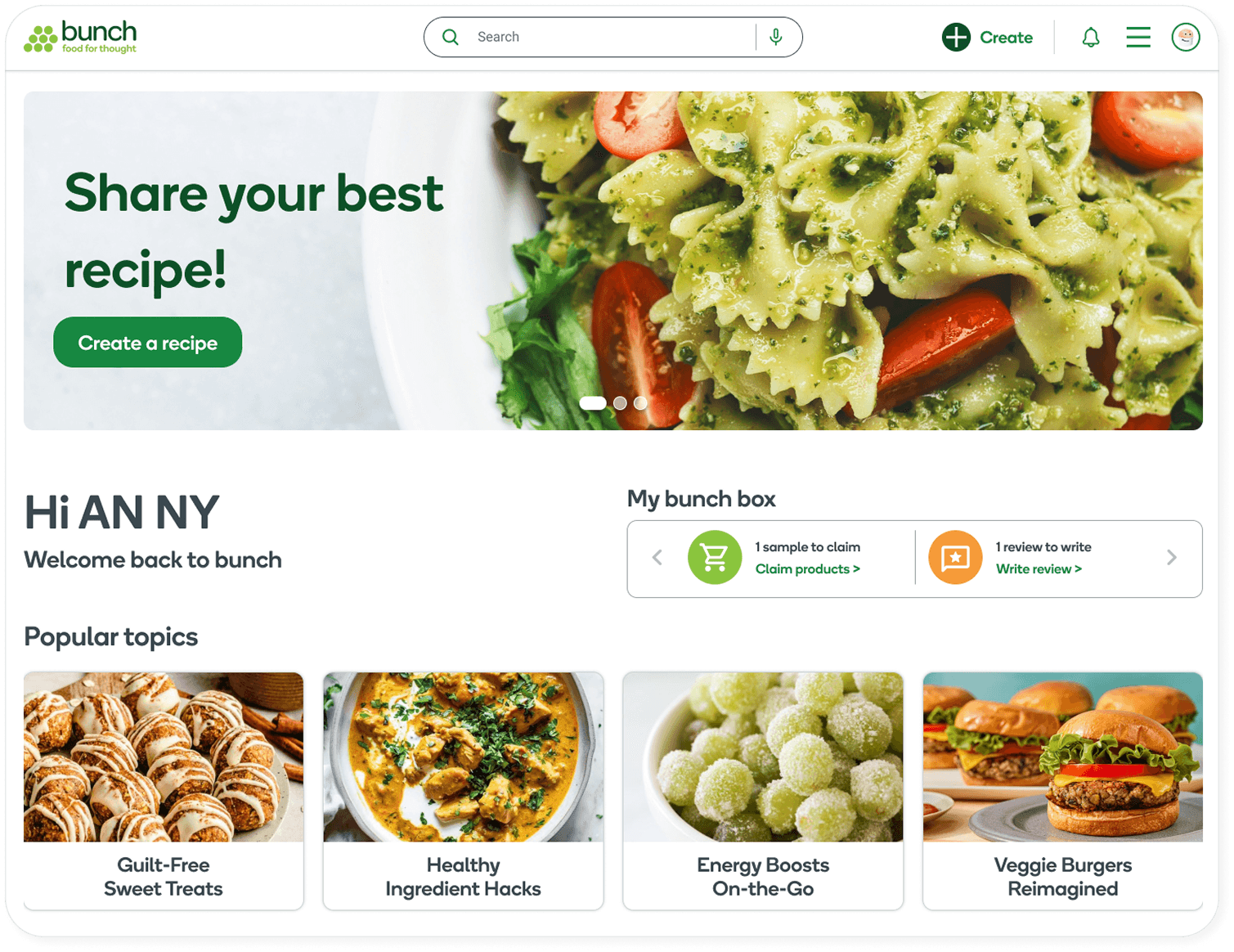 Redesigned Bunch dashboard hero with a recipe-sharing banner, personalised greeting, bunch box status and popular topics