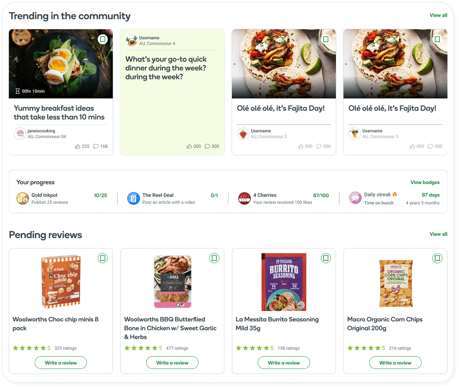 Redesigned Bunch dashboard continued, showing trending community discussions, member progress badges and pending reviews