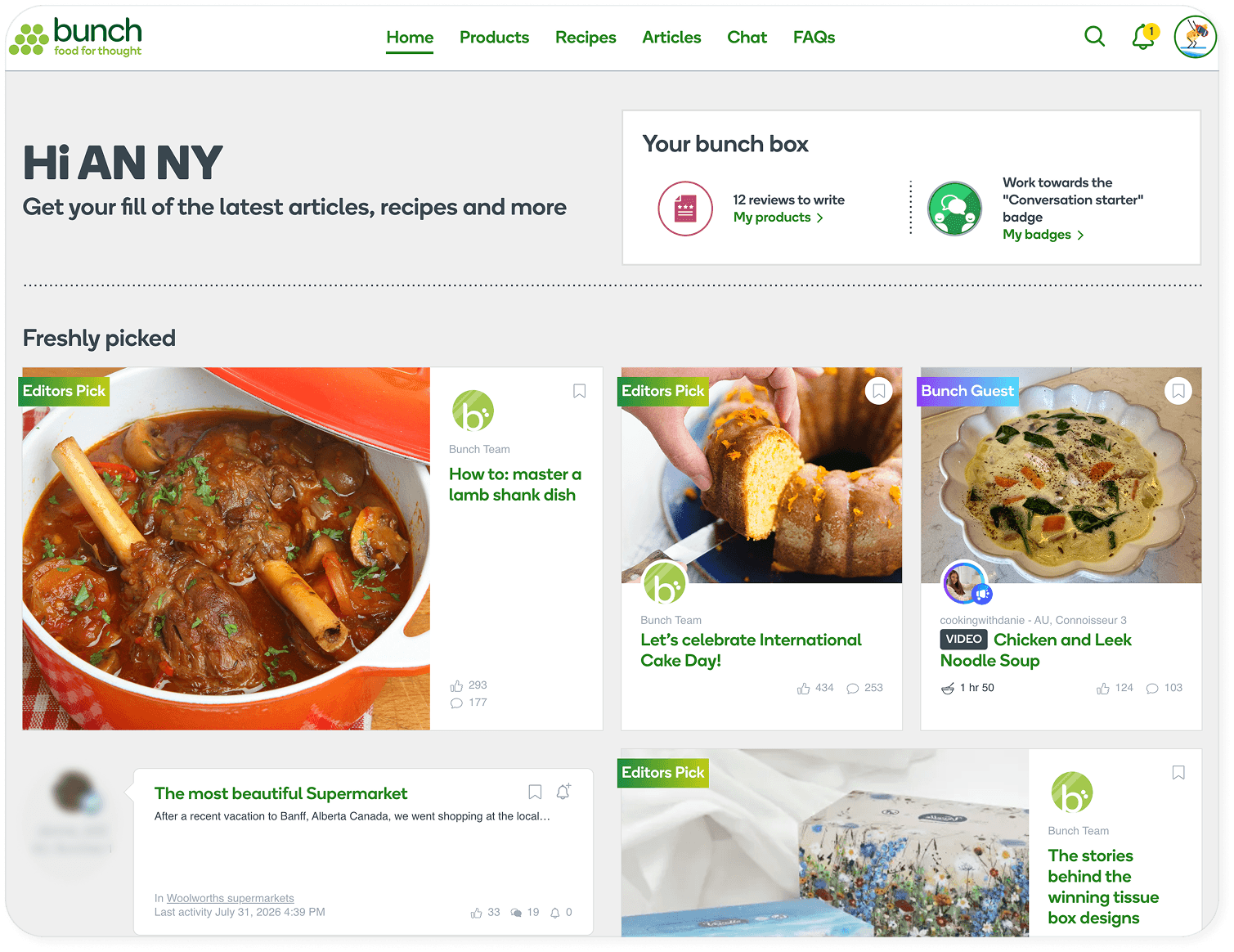 Existing Bunch homepage showing a chronological feed of articles and recipes