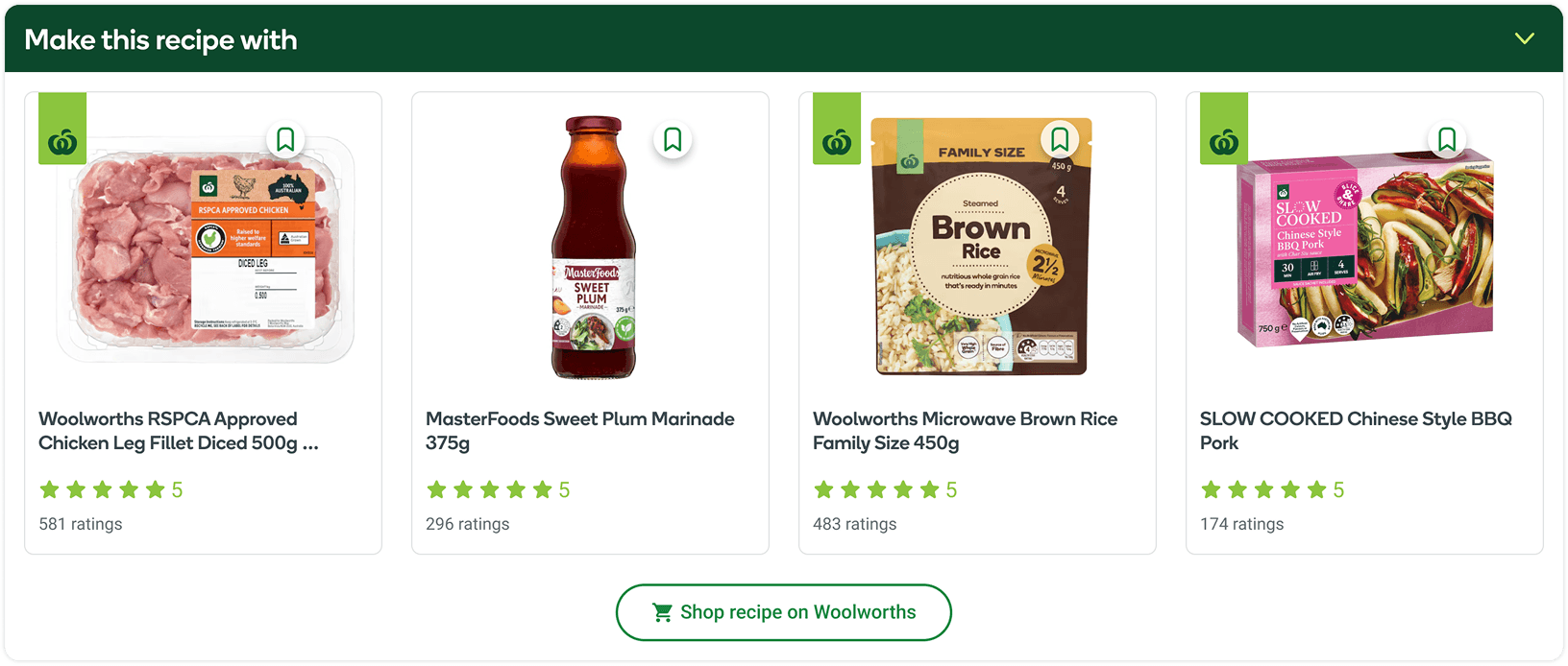 'Make this recipe with' shopping module showing four matched Woolworths products and a 'Shop recipe on Woolworths' button