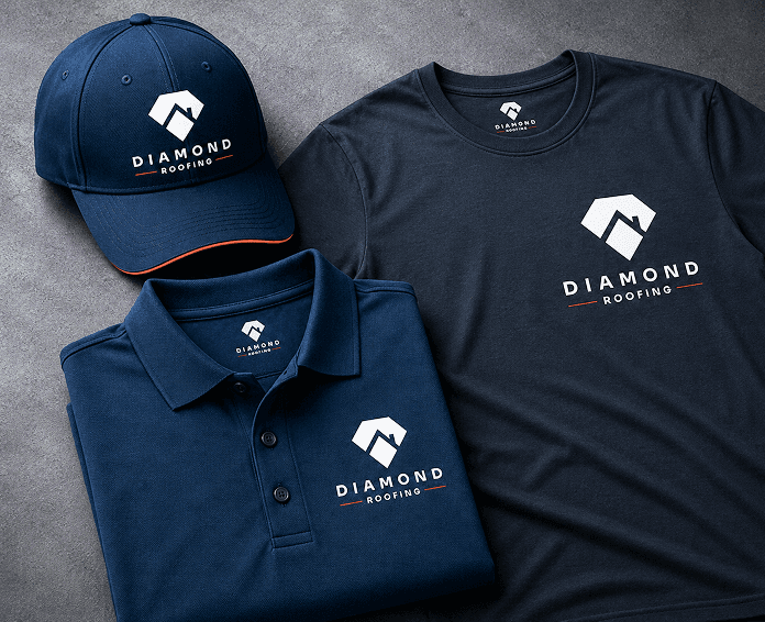 Diamond Roofing branded cap, polo shirt and t-shirt in navy with the logo embroidered on the chest