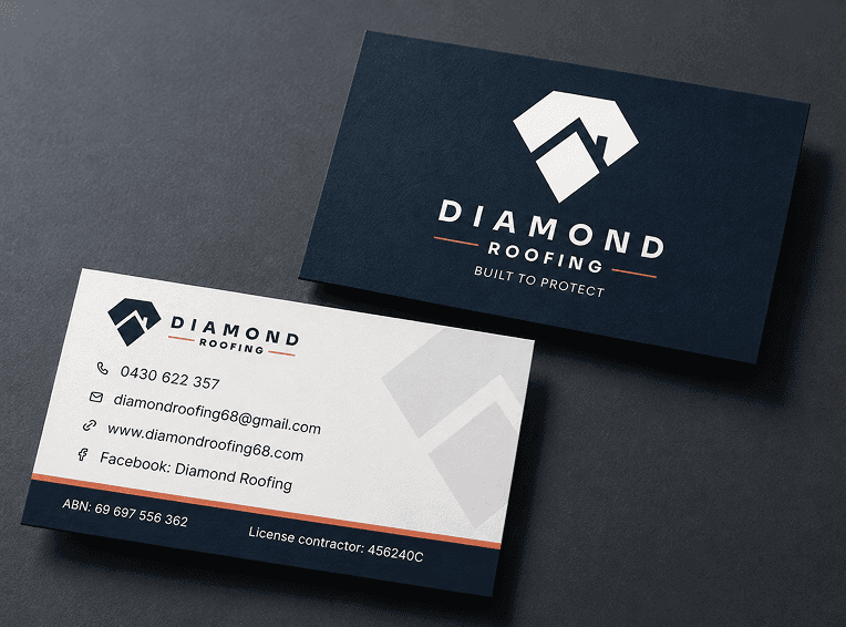 Diamond Roofing business cards in navy and white, featuring the logo, contact details and licence number