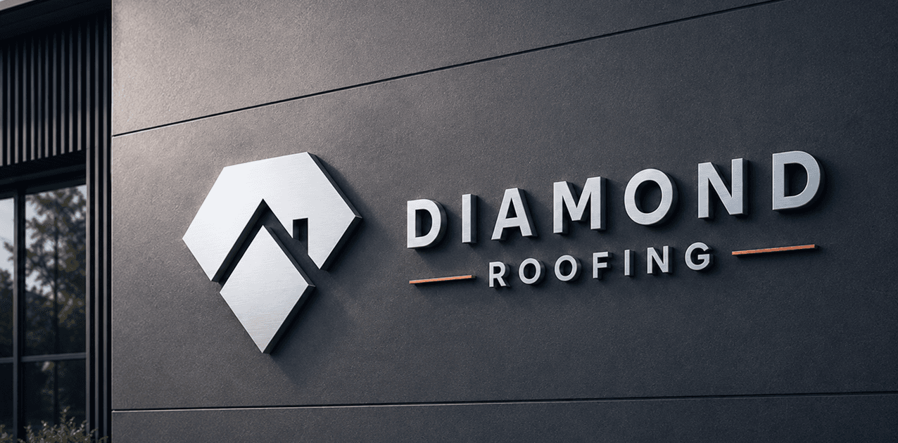 Diamond Roofing 3D wall-mounted signage in brushed metal on a dark building exterior