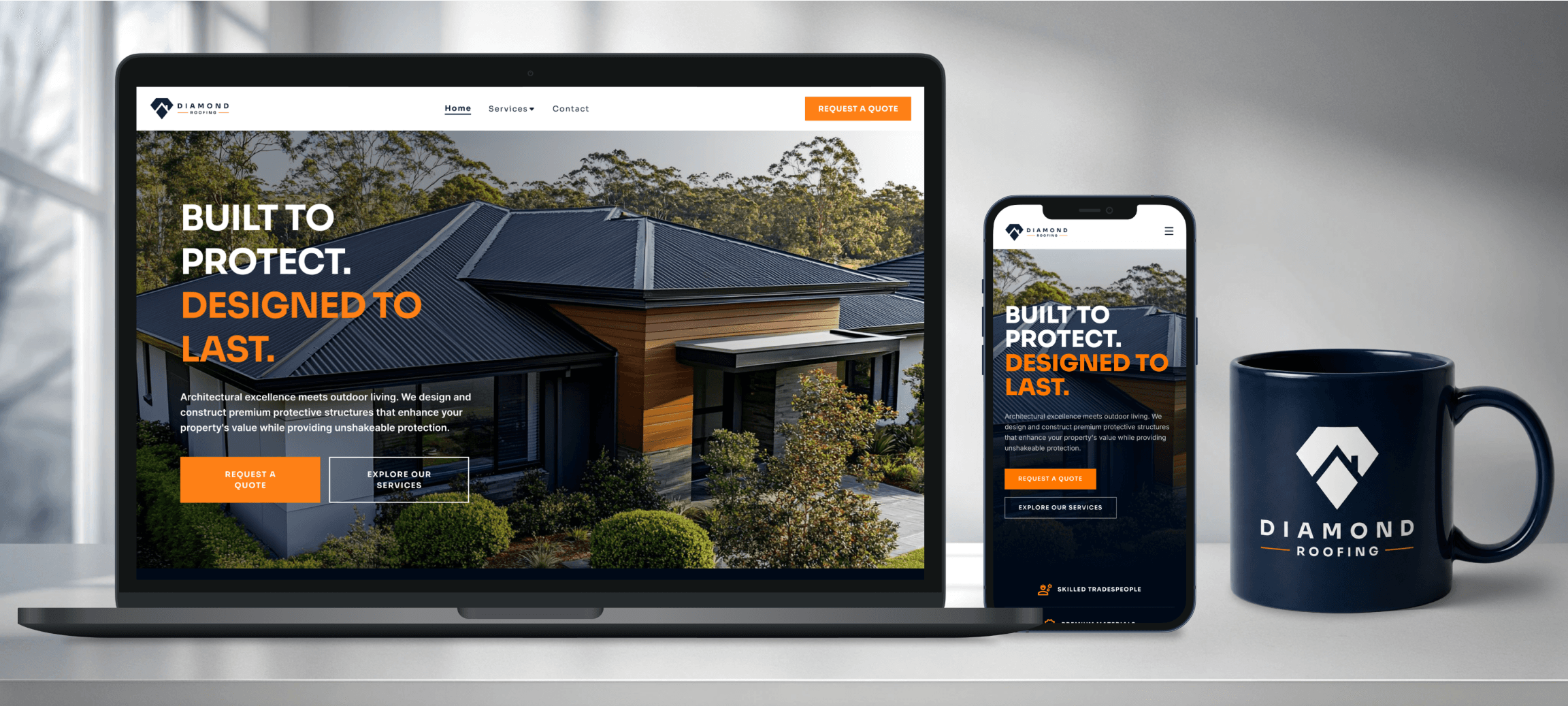 A laptop and phone displaying the Diamond Roofing website homepage, 'Built to Protect. Designed to Last.', beside a navy mug printed with the Diamond Roofing logo