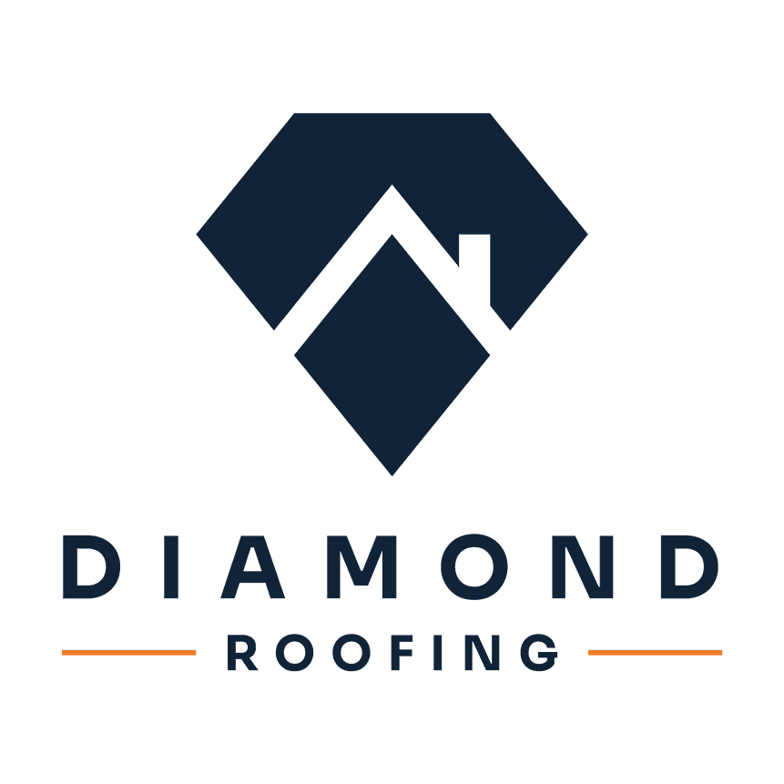 Diamond Roofing logo: a diamond-shaped mark combining a roof peak and a house silhouette, above the wordmark 'Diamond Roofing' with an orange underline