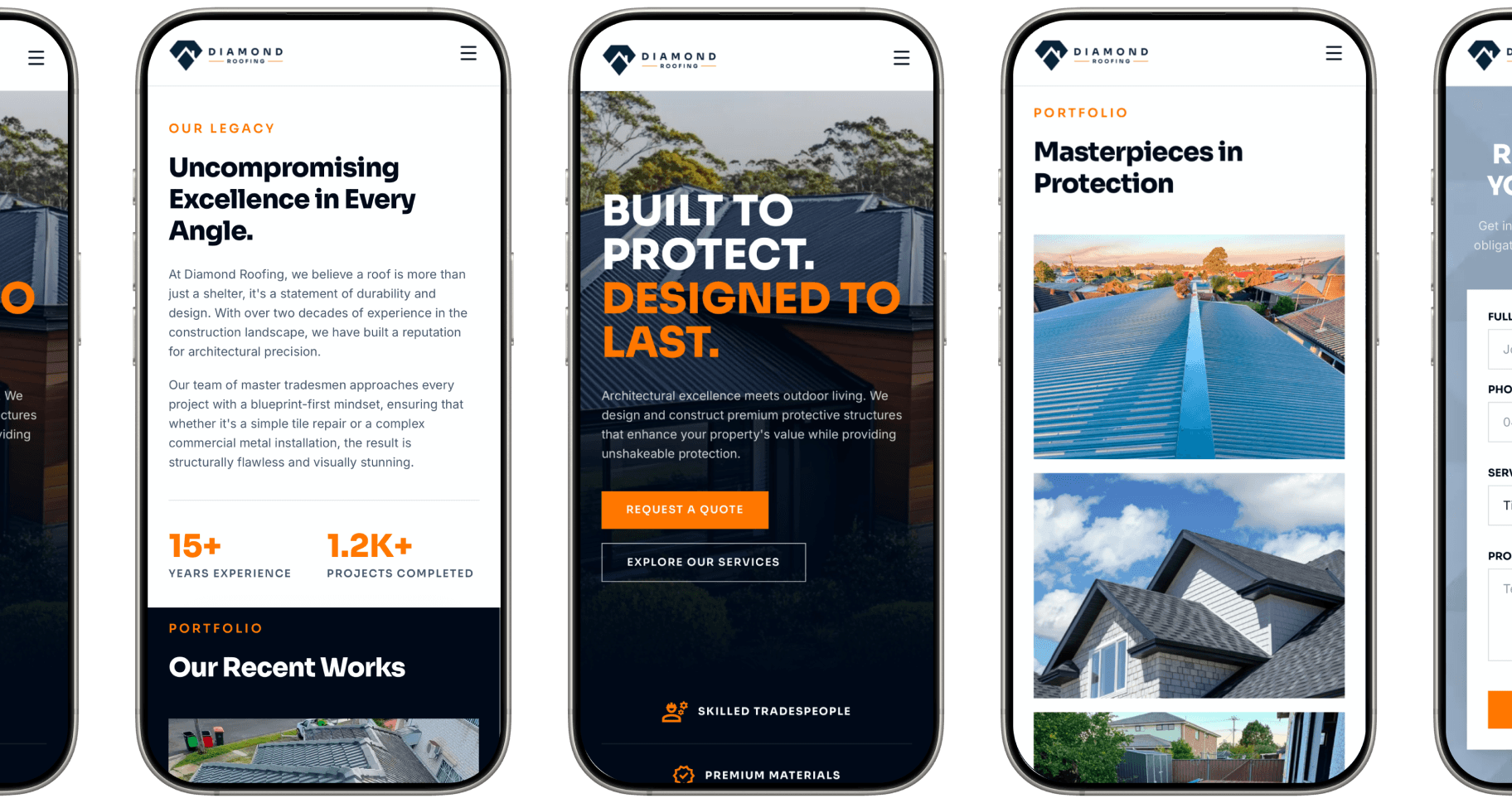 Five mobile screens of the Diamond Roofing website: home, our legacy, services overview, portfolio, and a request-a-quote contact form