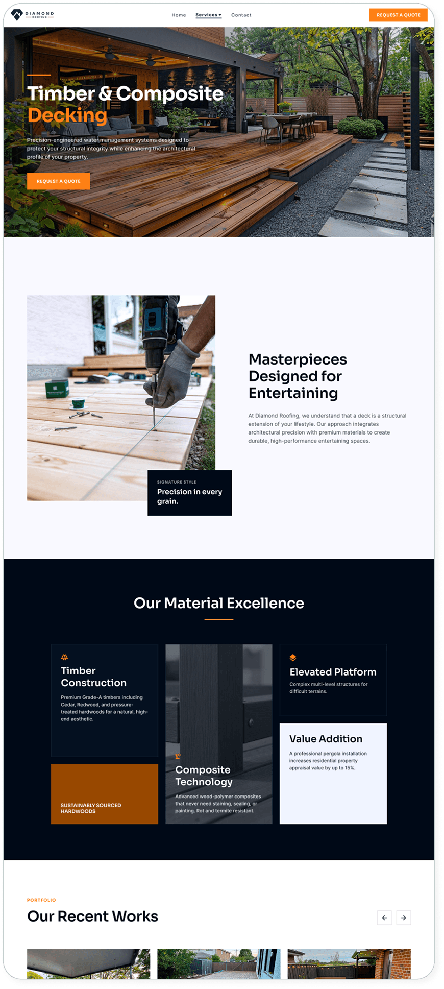 Diamond Roofing 'Timber & Composite Decking' service page, covering material excellence and a recent-works portfolio strip