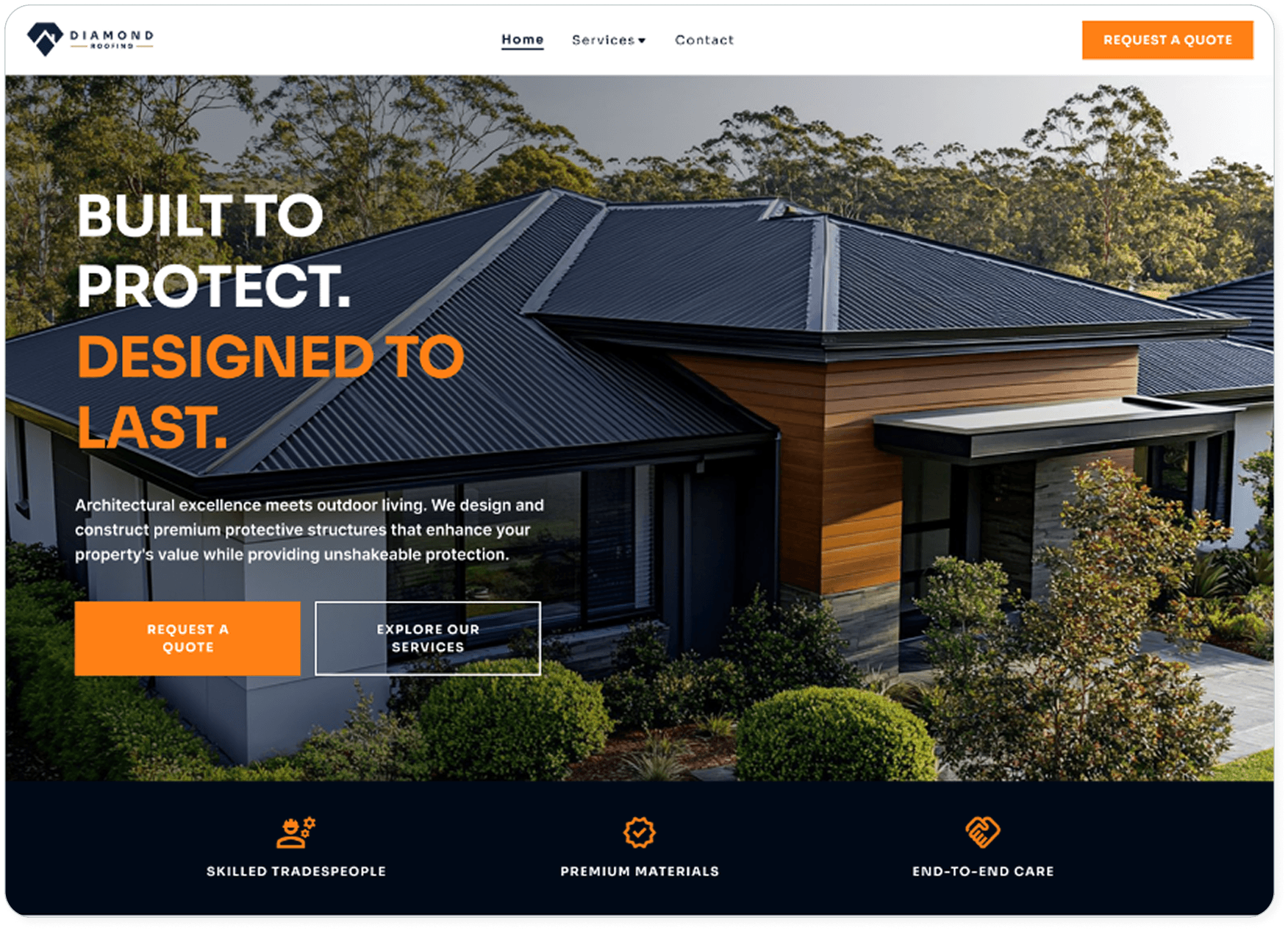 Diamond Roofing website homepage: hero reading 'Built to Protect. Designed to Last.' over a house with a dark roof, with a Skilled Tradespeople / Premium Materials / End-to-End Care strip below