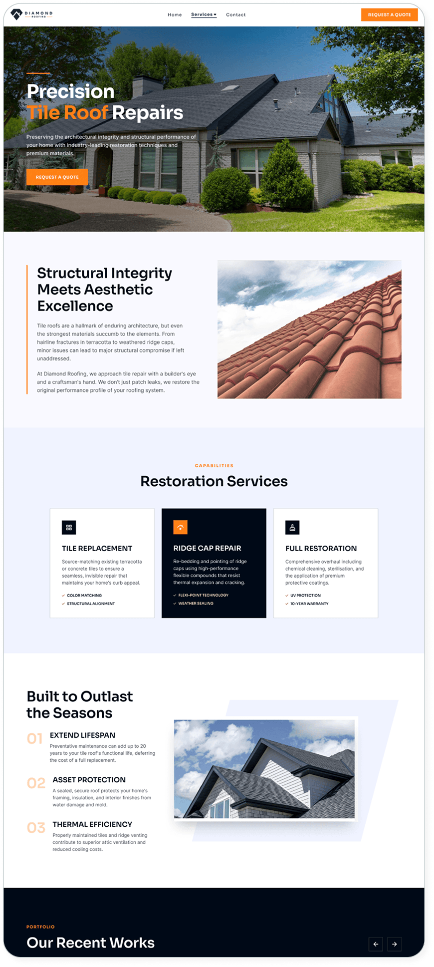 Diamond Roofing 'Precision Tile Roof Repairs' service page, covering restoration services, capabilities and a recent-works portfolio strip