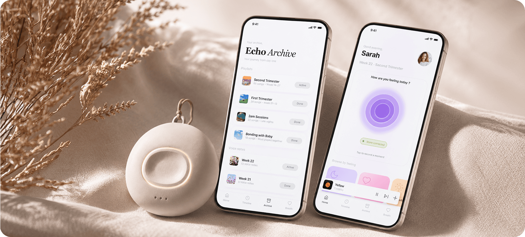 A phone showing the Echo Archive playlist screen and another showing Sarah's mood check-in, staged beside the cream ceramic Worry Stone on linen with dried flowers
