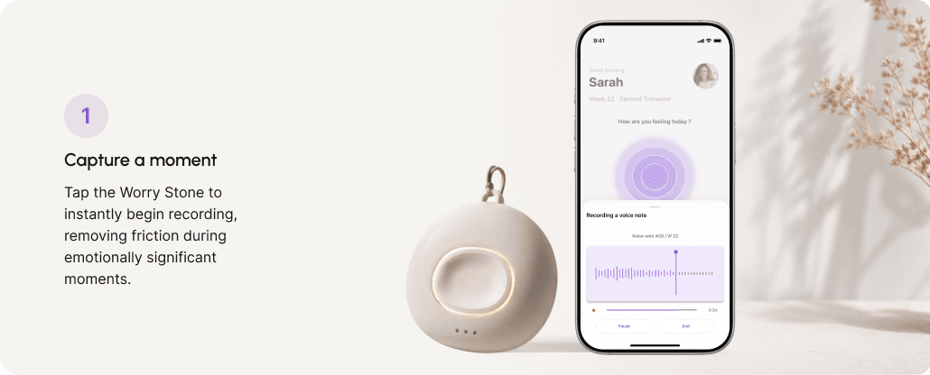 Step 1, Capture a moment: tap the Worry Stone to instantly begin recording, removing friction during emotionally significant moments