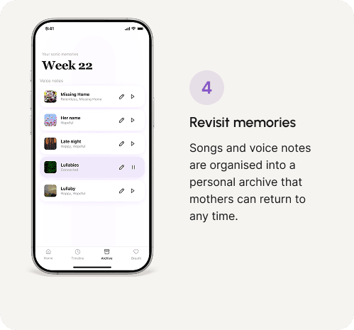 Step 4, Revisit memories: songs and voice notes are organised into a personal archive mothers can return to any time