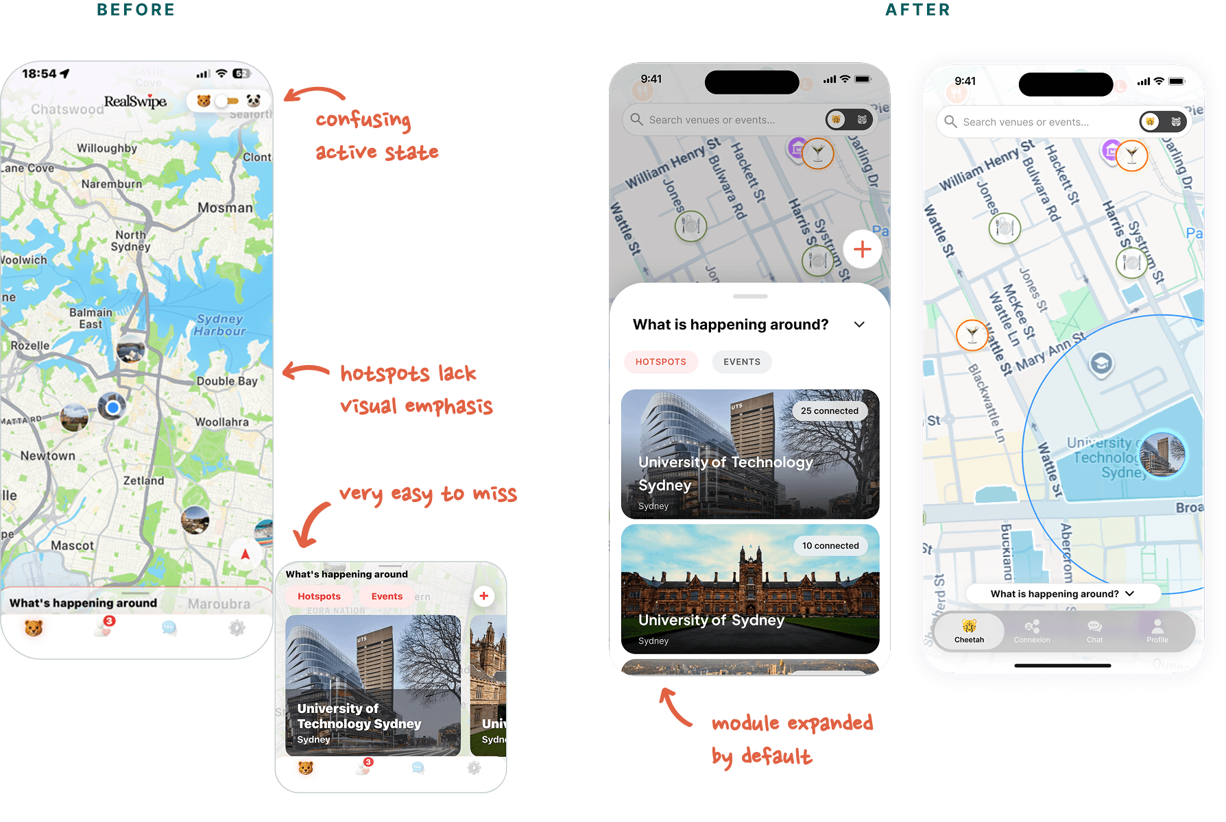 Before/after: the map screen with a confusing mode toggle and low-emphasis hotspot pins, versus the redesigned map with a 'What is happening around' module expanded by default, listing nearby hotspots with photos and connected-member counts