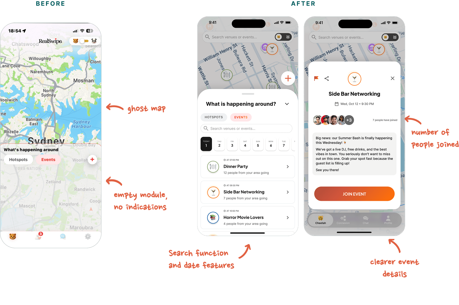 Before/after: an empty 'ghost' map with an empty Events module, versus the redesigned Events tab with search and date filtering, a list of nearby events, and an event detail card showing attendee avatars and a Join Event button