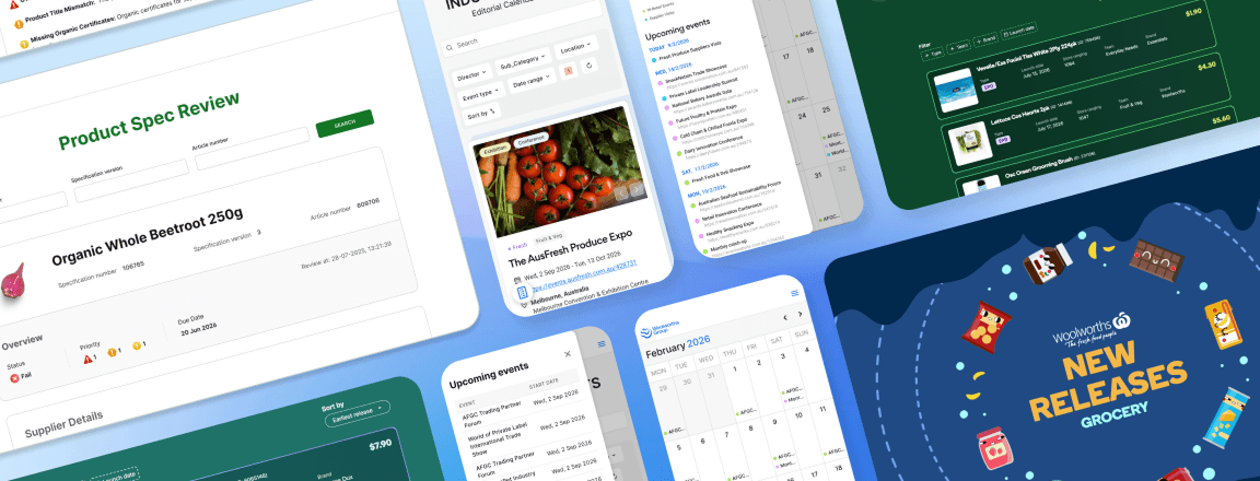 Isometric collage of Woolworths internal product screens: Product Spec Review, Industry Events editorial calendar, Upcoming events calendar, and New Releases grocery launch screen