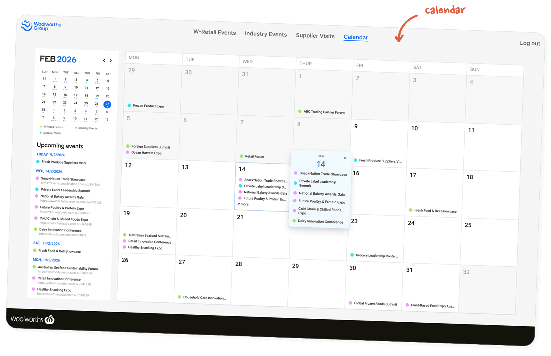 Industry Events calendar view annotated with a callout pointing to the calendar navigation tab