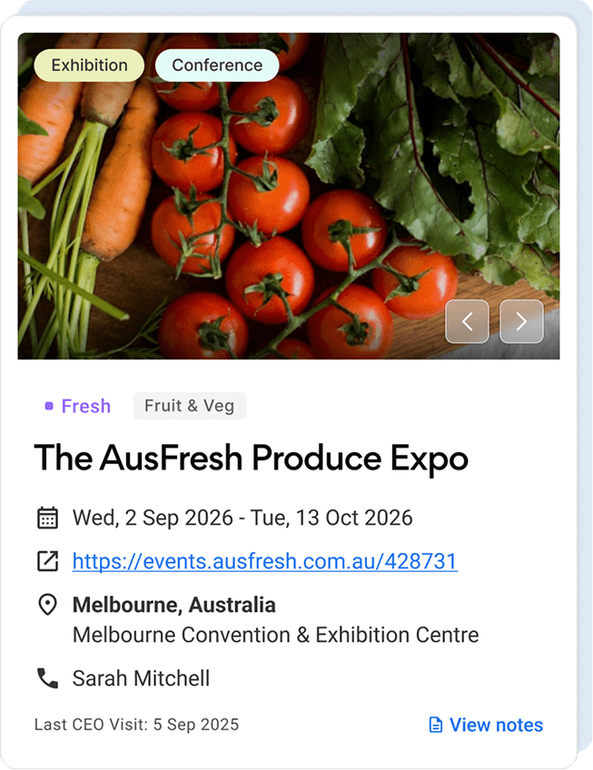 Event detail card for the AusFresh Produce Expo, showing an image carousel, tags, dates, location and contact