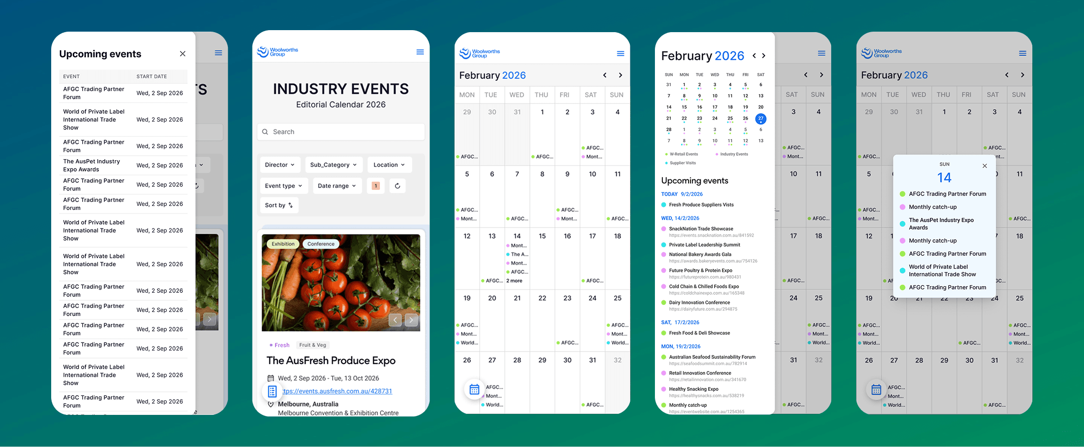 Five floating mobile and panel mockups of the Industry Events platform on a teal-to-green gradient background