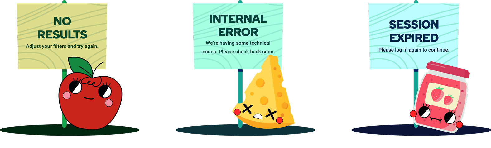 Three empty-state illustrations: No Results, Internal Error and Session Expired