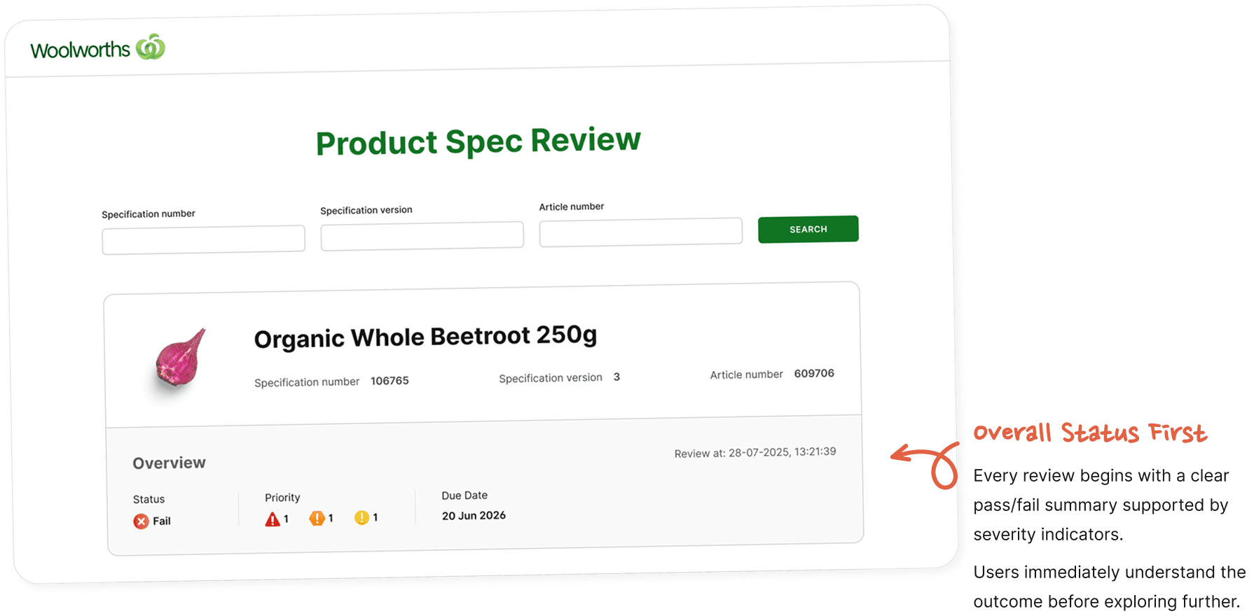 Product Spec Review search and status Overview card, annotated with a callout explaining the overall status is shown first