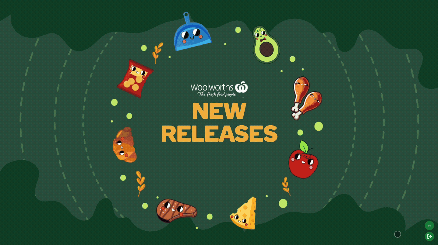 Animated New Releases hero card with floating grocery item illustrations circling the Woolworths New Releases logo